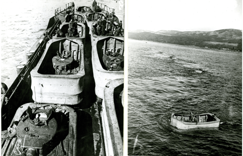 Two black and white photographs of dinghy-like tanks inside a craft and then floating in water.