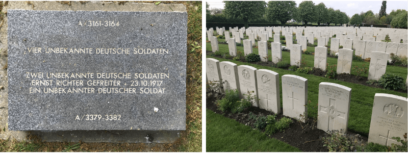 Two pictures. Left is a grey stone memorial plaque with German writing. Right is rows of white CWGC tombstones in a field.