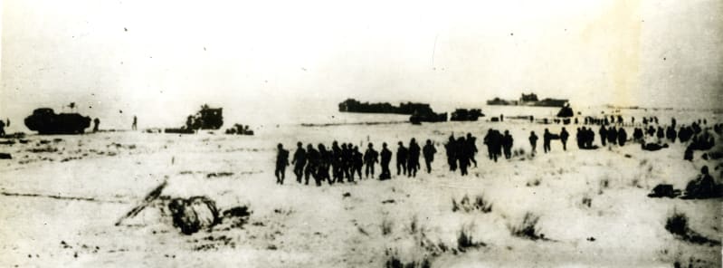Silhouettes of soldiers walking in a line on a beach, ships are visible in the background.