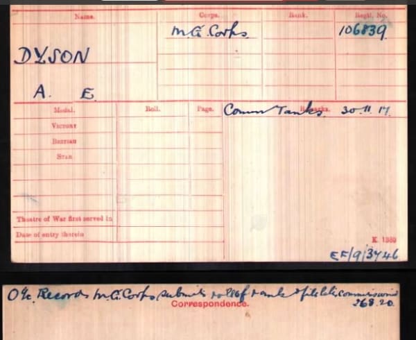 A card with red printed form boxes, handwritten details read DYSON AE, MG Corps and 106839.