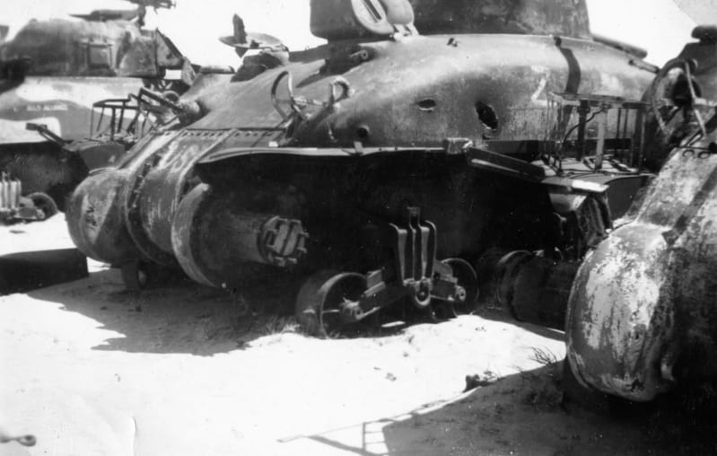 Side view of a tank, black and white photograph.