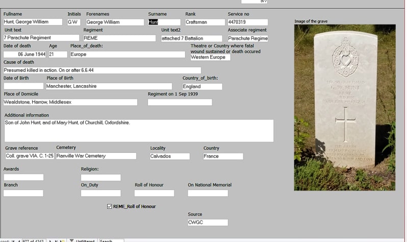 A database entry with fields completed with text and an image of the headstone.