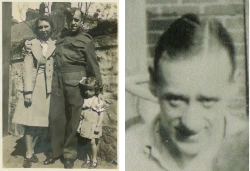 Two photos: left is a soldier in uniform stood with wife and young daughter, right is a close up headshot of a man.