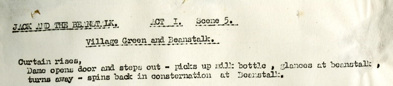 Typed script with the title " Jack and the Beanstalk, Act 1 Scene 5 ".  