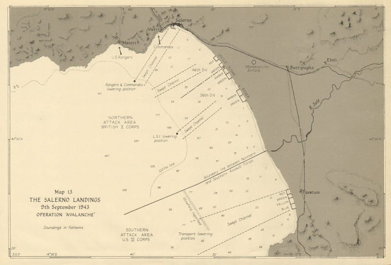 Map document of the Salerno landings, with ground shaded in a darker grey, labels for Salerno, Vierri and Maiori among others.