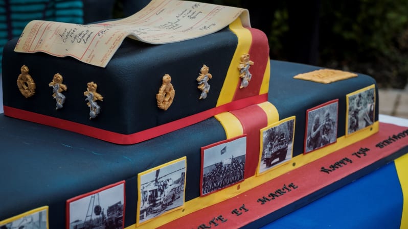 Two layered cake in the colours of the REME flag. REME birth certificate in icing on top. Black and white photos of REME personnel on bottom layer in icing.