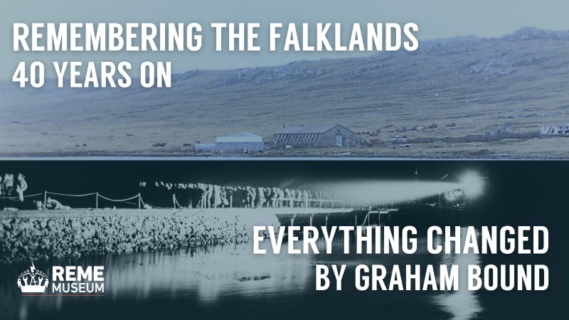 Two images: one shows a landscape scene of the Falklands, the other (below) shows a dark background with jetty lit up by searchlights. Text reads "Remembering the Falklands: 40 Years On" and "Everything Changed by Graham Bound"