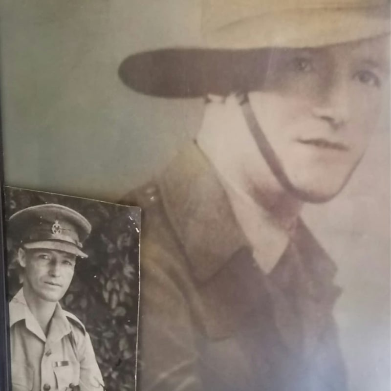Photograph with another photograph inlaid. Main photo shows a man from the shoulders up, in bush hat with chinstrap from a diagonal perspective. Inlaid photo shows the same man from the shoulders up, with an Army dress cap and shirt facing the camera.