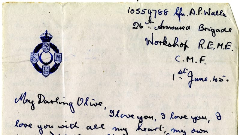 The header of a handwritten letter including the address and the first pattern REME badge. The letter starts "My darling Olive, I love you, I love you, I love you..."