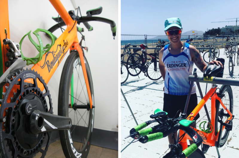 Two photographs. Left is of an orange bicycle taken from the back, in view is the pedal gear and front of the bicycle. Right is a woman in cycling gear outside with the orange bicycle next to her, other bikes in the background.