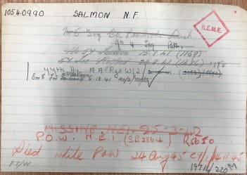 Tracer card of Salmon N F. Lined card with handwritten service details, many acronyms and dates. Last line Died while POW.