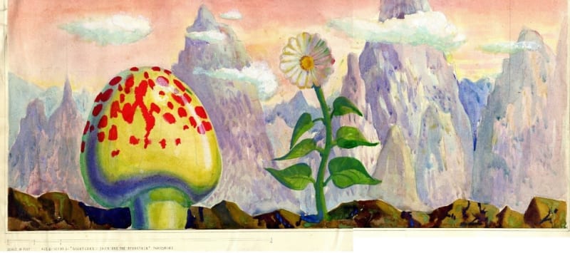 Image shows a painted scene of mountains in background, with a large white and yellow flower, and large yellow mushroom with red dots