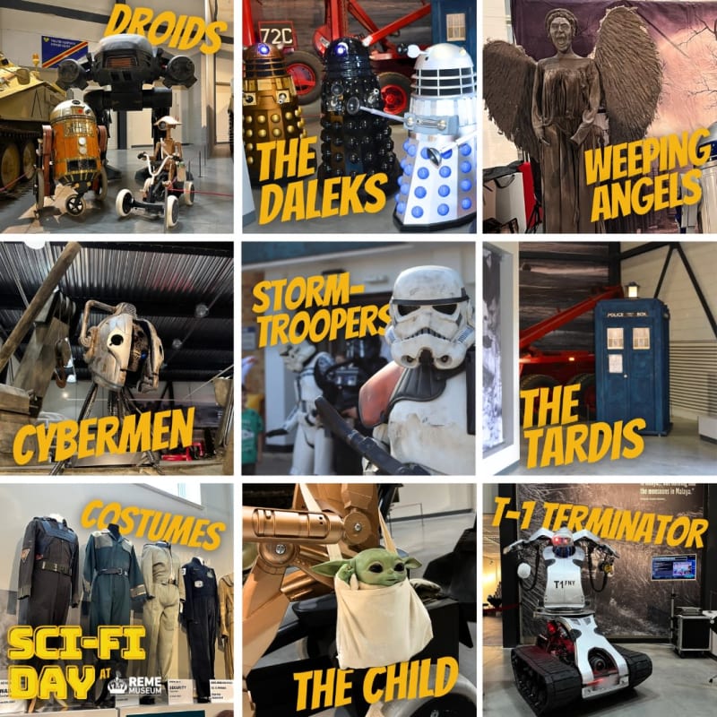 9 images in a 3x3 grid of sci fi day film franchise props, labelled.
