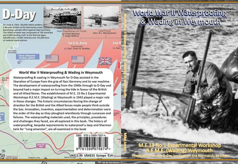 Front and back covers of a book laid out, front shows a soldier in a vehicle half submerged in water.