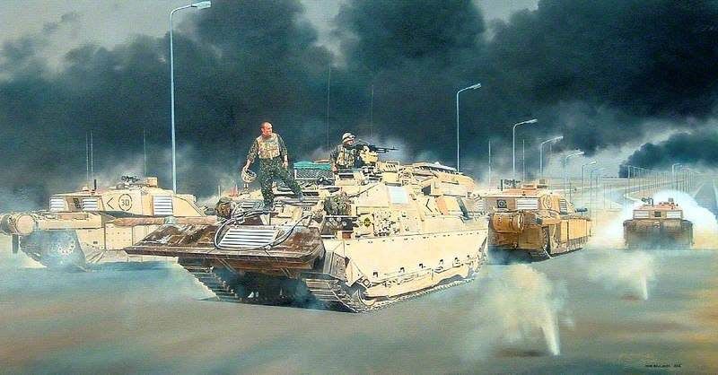 Corporal Comber standing on the front of a Challenger Armoured Repair & Recovery Vehicle (CRARRV) with three other vehicles in the distance, background of black clouds.