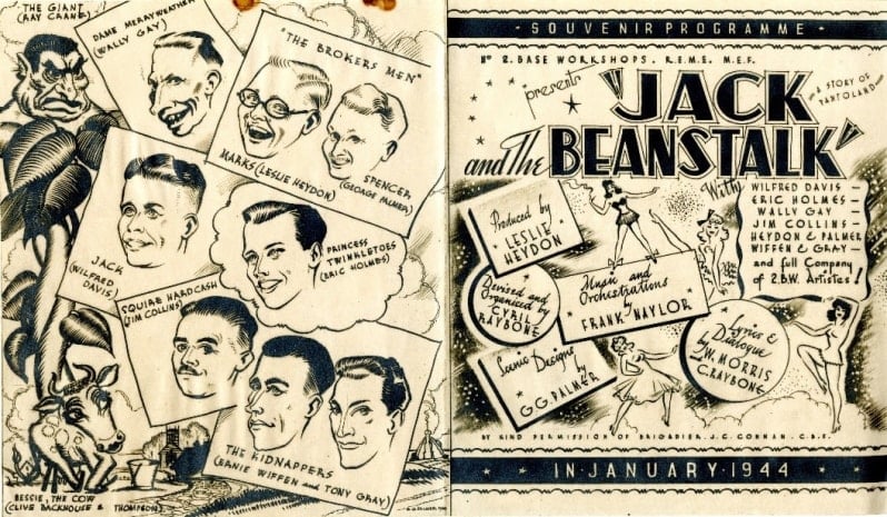 Two sepia and black images. From left to right, the first is a collection of caricature faces with the names of the actors underneath. The second picture is a programme for Jack and the Beanstalk in January 1944, includes drawings and writing.