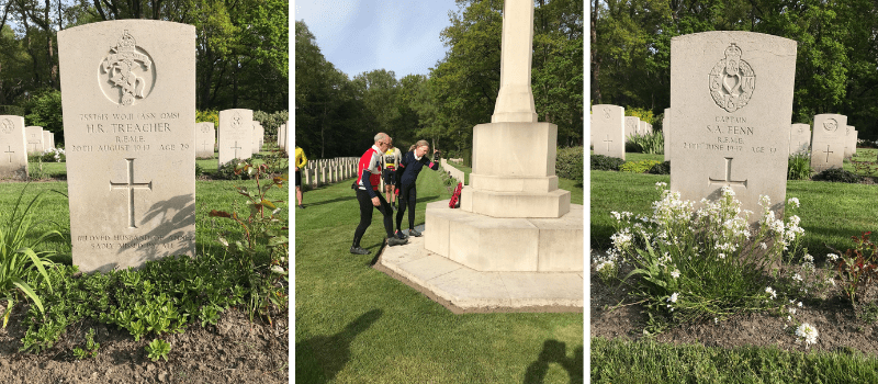Three photos of white memorials. The first and last are CWGC headstones with cross inscriptions. The middle is a tall structure with historian Steve laying a wreath.