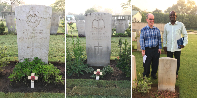 Three photos of headstones close up in a cemetery, all white with plants and small remembrance crosses in front. The final picture on the right also shows two men stood behind the headstone.