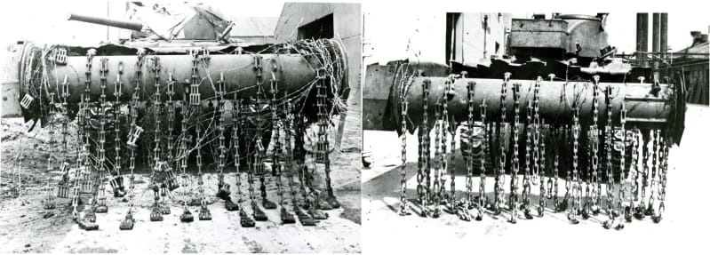 Two images of a front-on view of tanks with arms out front, chains dangling down. On the left, wire is tangled up in the chains.