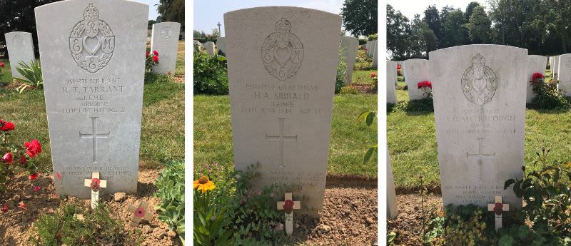 Three images of headstones, names let to right Tarrant, Sibbald, Myerscough, each engraved with a cross and REME badge.