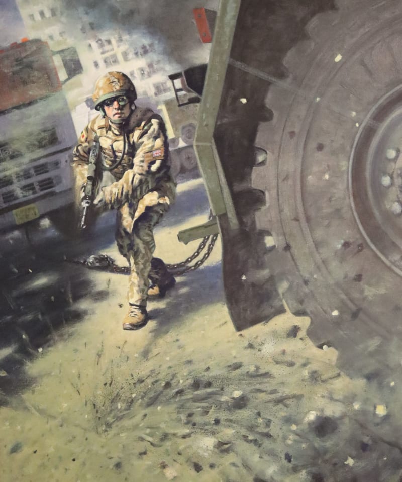 A painting of a soldier crouching in front of a vehicle, only the wheel of which is visible from the side, dirt flying off the ground. 