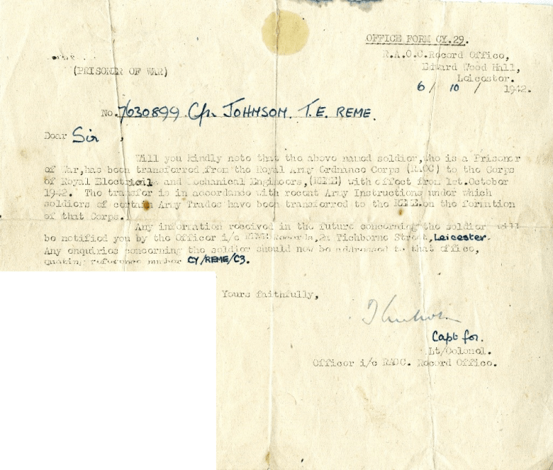 Image shows a typed letter concerning Cfn Johnson T E REME