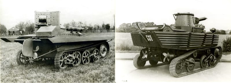 Two images, both black and white photographs of tanks with various attachments around the frame.