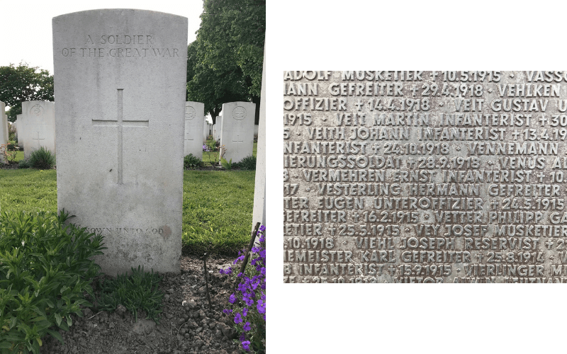 Two pictures. Left is a white CWGC tombstone. Right is a close-up of names inscribed on a tombstone.
