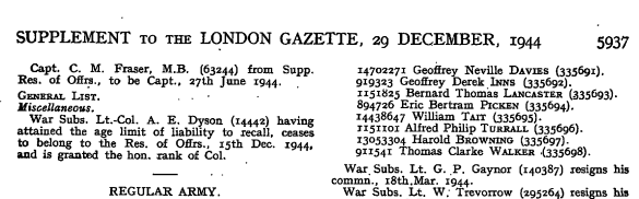 Extract of a typed document listing names entitled supplement to the London Gazette 29 December 1944