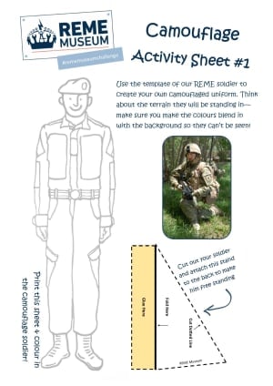 Activity sheet about camouflage with outline of a soldier and text on white background.
