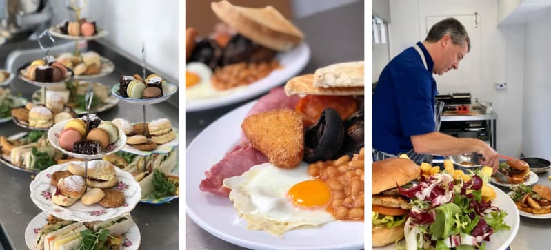 Three images of food. The left image is four afternoon tea cake stands filled with macarons, scones and sandwiches. The middle image is two full English breakfasts on white plates. The right image is a man in an apron putting food onto a plate in a kitchen. There is a burger, salad and chips on a plate in the foreground.