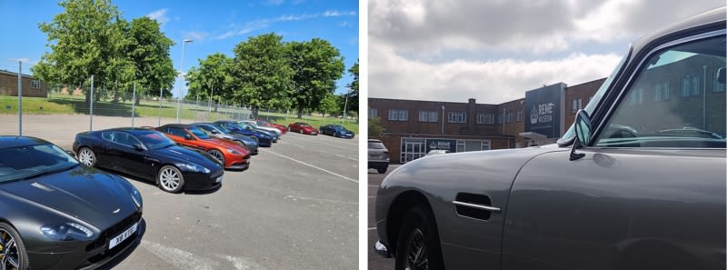 Two images: Left is a row of Aston Martin cars lined up against a wire fence at the back of a car park. Right is a close up of the side of a silver grey car with a building visible in the background.