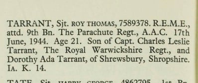 Extract from a document, typed, recording details of Tarrant, Sjt Roy Thomas.