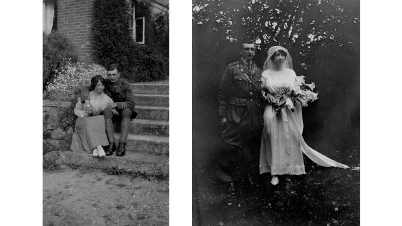 Two black and white photographs, one shows Rowcroft and wife sitting on steps outside, the other shows the couple standing, she wears a wedding dress and he in uniform.