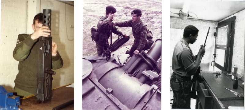 Three images. From left to right, the first is a man inspecting a machine gun in a workshop. The second image is two men in military uniform attaching something to a tank. The last image is a black and white photo of a man working on a gun in a workshop.  