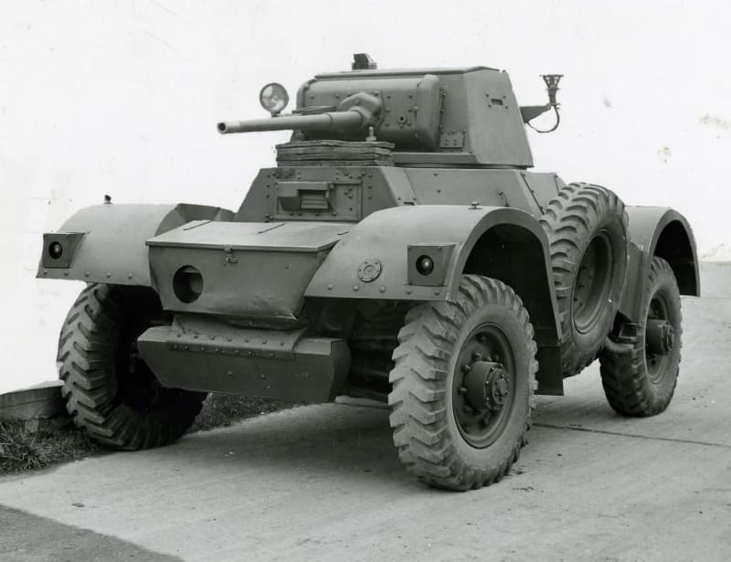 Black and white photograph of an armoured vehicle, perspective from front side angle.