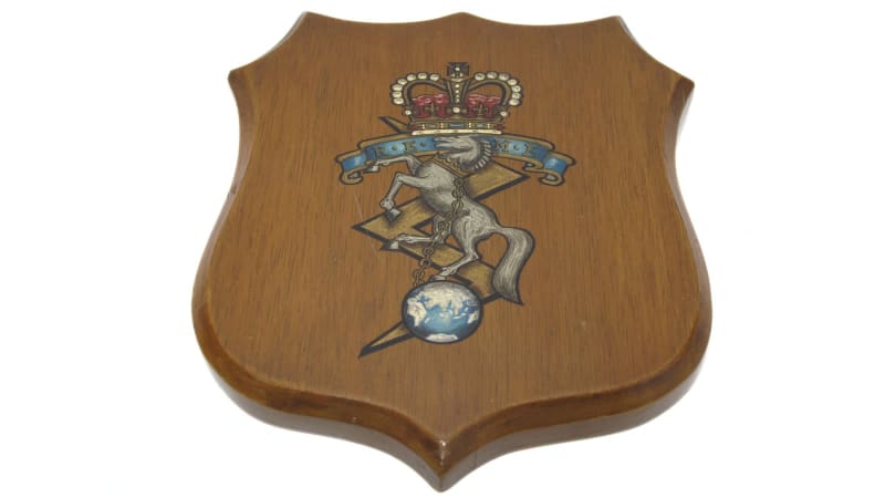 A wooden shield shaped plaque with REME cap badge painted on.