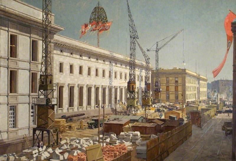 Painting of the Reich Chancellery, which is a large, long, white building with many windows. Cranes and piles of bricks are in front of the building. Swastika flags hang from roofs.