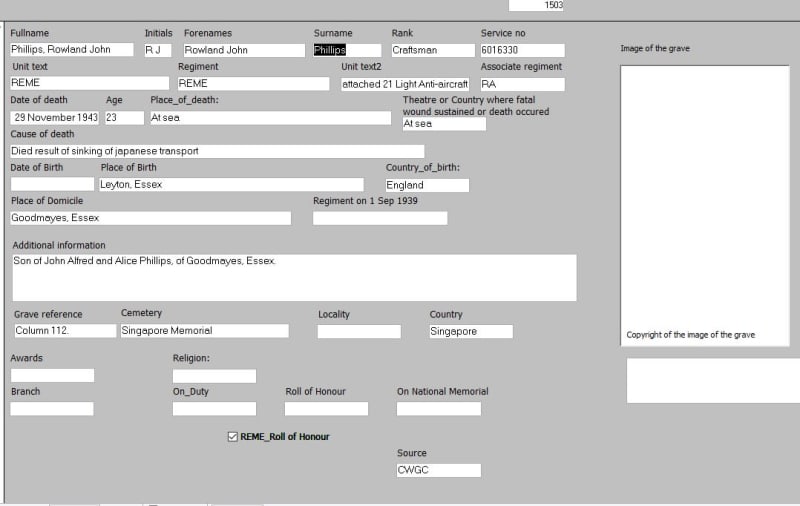 A database file with entry fields for soldier details