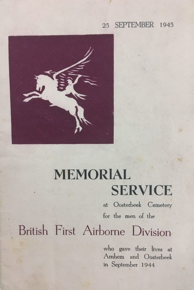Document titled Memorial Service with a maroon square and white pegasus with man riding. 