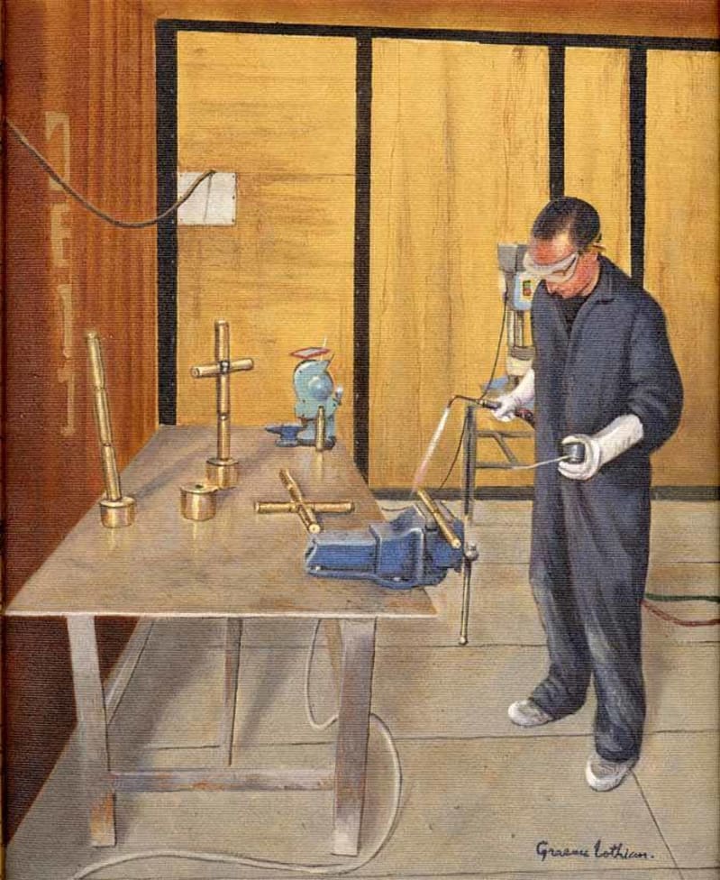 Painting of a man in a blue jumpsuit wearing goggles and gloves, holding a blowtorch and another tool in a workshop. Part of a gold cross is in a clamp and other gold crosses are on the table in front of him.