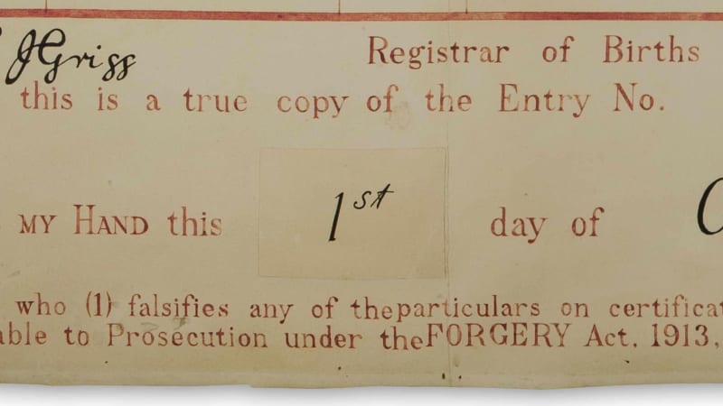 Detail of the birth certificate. You can just see where ’1st’ has been pasted in on a separate slip of paper. It originally read ‘2nd’.