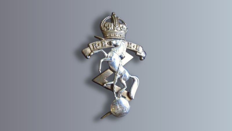 Silver and gold coloured metal badge with horse, globe, crown and lightning.