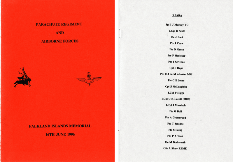 Image shows an order of service, first page is red with black text "Parachute Regiment and Airborne Forces, Falkland Islands Memorial 16th June 1996", second page has a list of names from 3 Para.