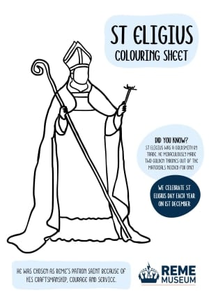 Colouring sheet with outline of St Eligius and facts.