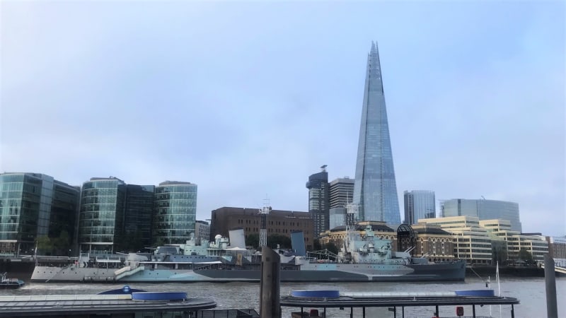 HMS Belfast on the River Thames in front of the Shard
