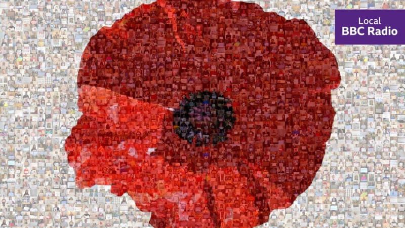 Poppy flower and white background made up of lots of photographs of people. Purple logo in top right corner reads " Local BBC Radio ".