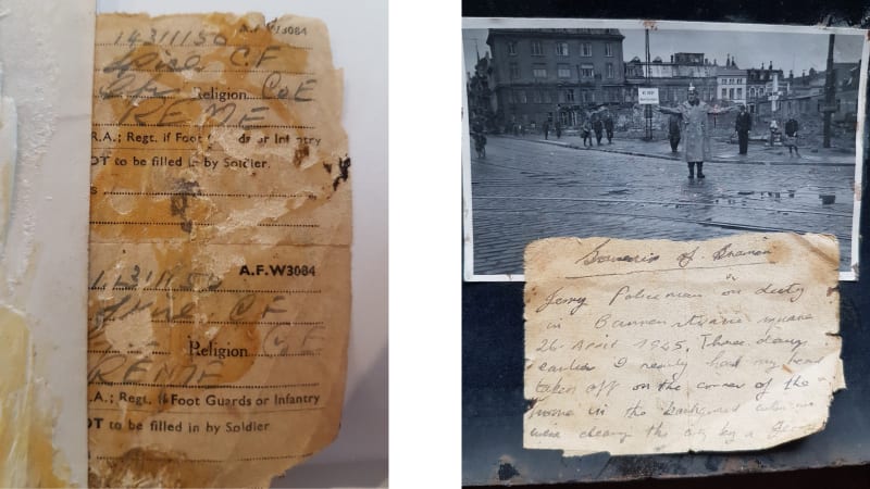 Two images. Left shows a typed, yellowing form with some handwritten details. Right shows a black and white photograph of a man in a trenchcoat with his arms stretched to the side, standing outside with buildings and people behind. Handwritten note attached to the photograph.