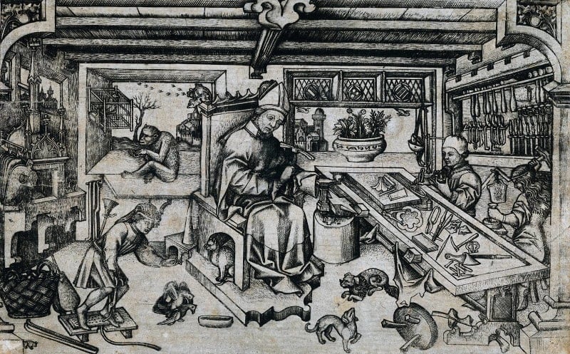 A black and white engraving of St Eligius in a busy workshop. Other workers at stations, various tools and small animals are also depicted.
