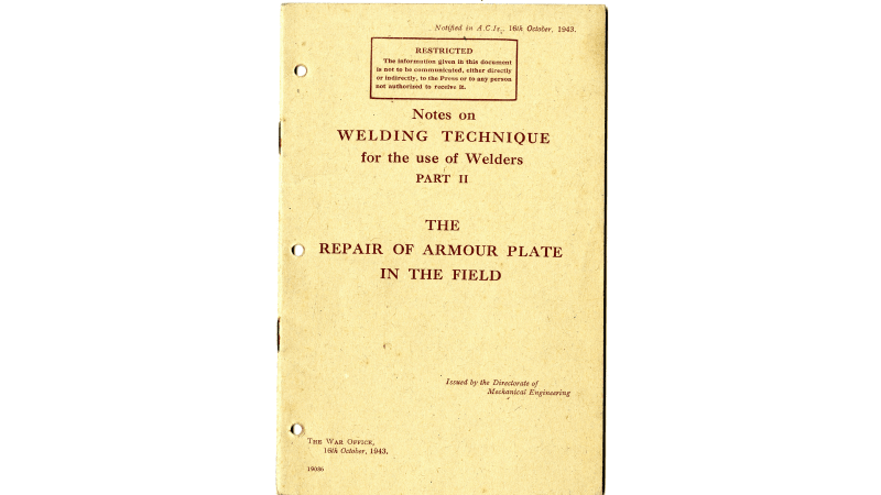 Image shows a brown notebook cover which is titled "The Repair of Armour Plate in the Field"